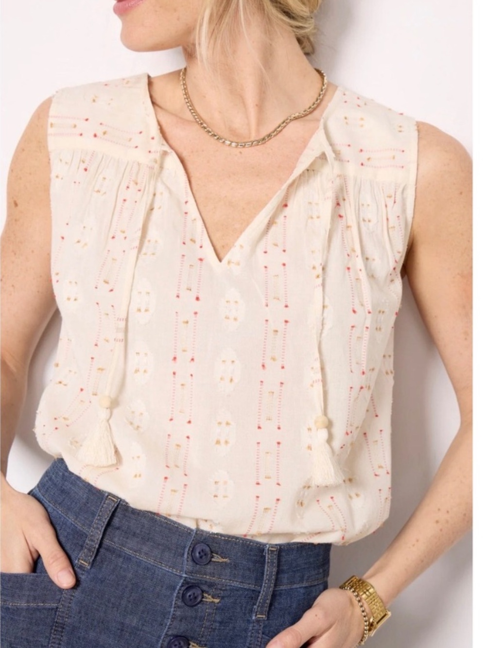 Faherty Skylar Sunburst Cream Tassel Tank Top Medium Desert Boho Organic Cotton